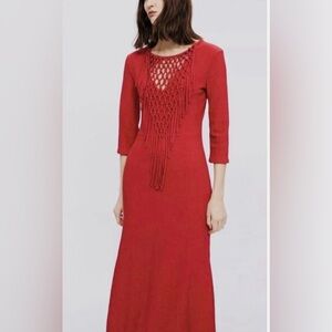 NWT Zara Long Sleeve Fringe Knit Midi Dress